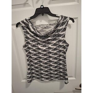 3/$15 Tahari Medium‎ Black White Silver Sequin Cowl Neck Geometric Blouse